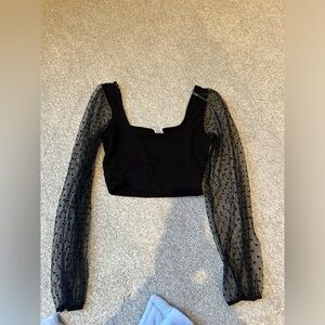 BLACK CROPPED LONG SLEEVE TOP WITH MESH SLEEVES AND POLKA DOTS
